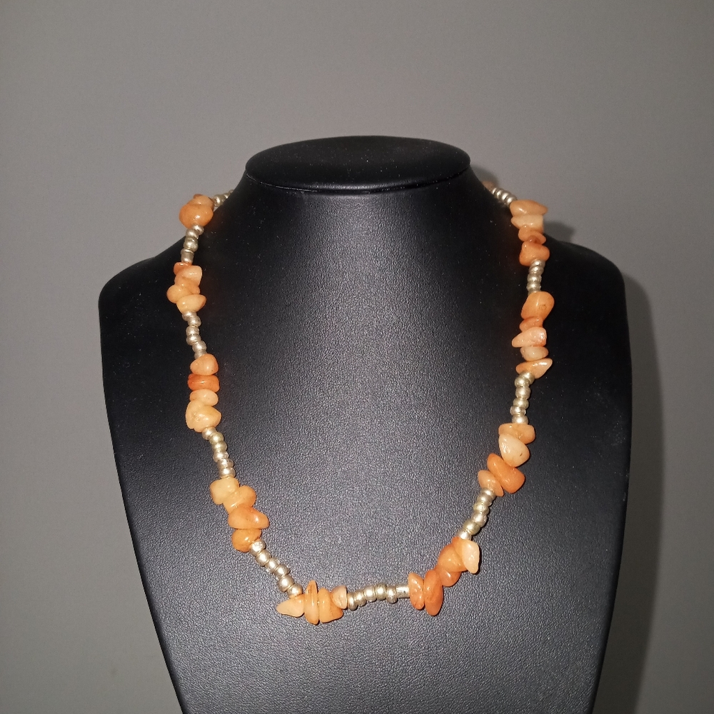 Hand Crafted statement necklace metallic and orange agate gemstone necklace